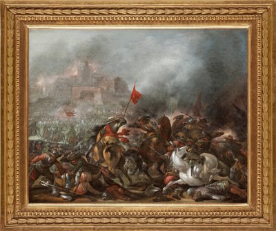 Kamp mellom tyrkere og kristne under erobringen av Konstantinopel av den osmanske hæren i 1453 - Maleri av Jacob Matthias Weyer (1620-1670), olje på tre (39x49 cm) - Den tyrkiske krigen, Olje på tre av Jacob Matthias Weyer - Privat samling av Jacob Weyer