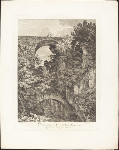 Eldgammel bro i Cività Castellana, ofte kjent som Teramo-broen av Jacob Wilhelm Mechau