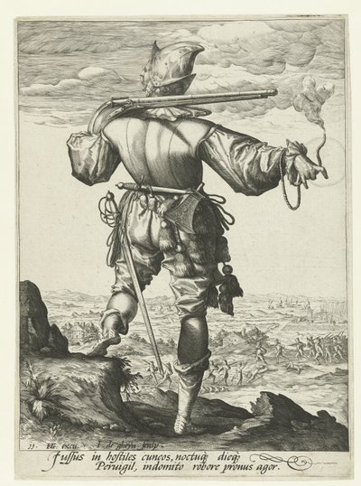 Musketer (harquebusier?) med hjelm på Offiserer og soldater (serietittel) av Jacob de Gheyn (II)