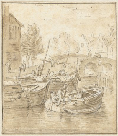 Skip ved en bro i en by av Jacob de Vos