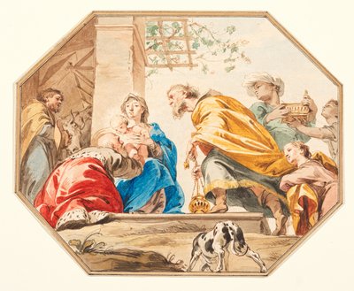 Adoration of the Magi, ca. 1751 (grafitt, penn og brunt blekk, akvarell på lagt papir, kuttet i en åttekant, med brunt blekk og vaskekanter) av Jacob de Wit