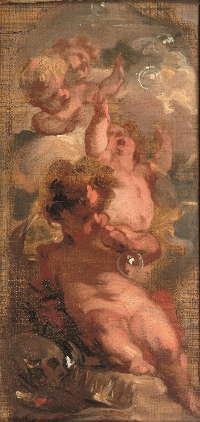 An Allegory of Vanitas: Fire putti som blåser bobler, en hodeskalle, en kunstners palett og en krone i nærheten (olje på lerret lagt ned på panel) av Jacob de Wit