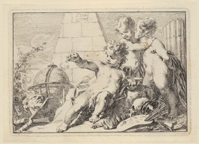 Tre genier ved en pyramide av Jacob de Wit