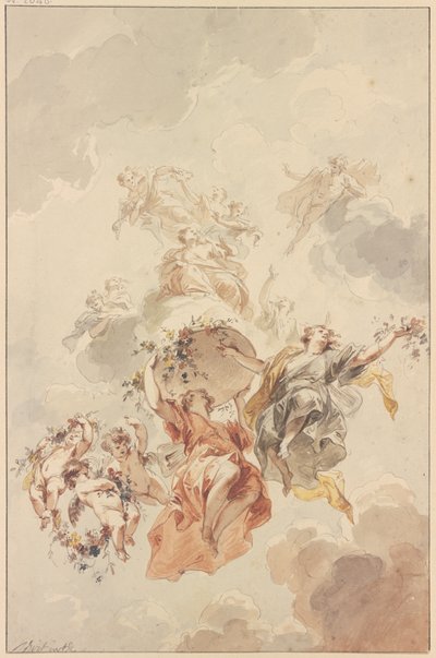Genier og putti samlet rundt en kurv med blomster som stiger mot himmelen av Jacob de Wit