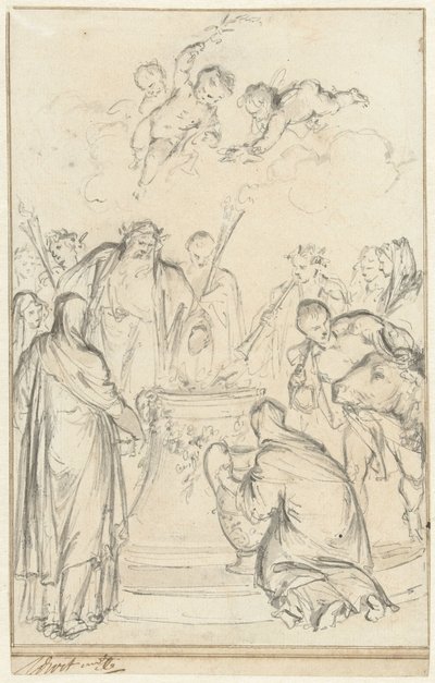 Hedenske prester ofrer på et alter av Jacob de Wit
