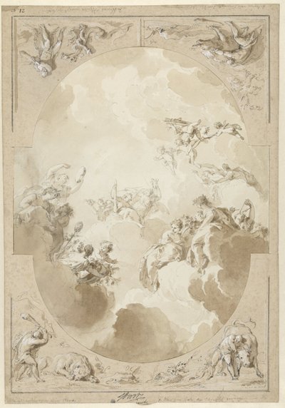 Design for et takmaleri som viser Herkules apoteose og fire av verkene hans av Jacob de Wit