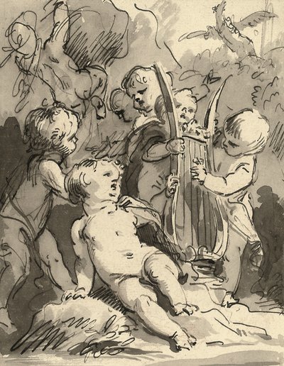 Putti spiller en lyre (rødt kritt, penn og svart blekk og grå vask) av Jacob de Wit