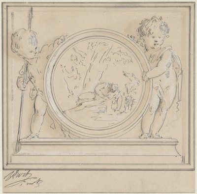 To putti med medaljong, der Narcissus og Echo av Jacob de Wit