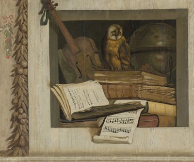 Stilleben med bøker, noter, fiolin, himmelglobus og en ugle av Jacob van Campen