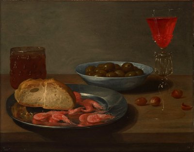 En tallerken med reker og et rundstykke, en bolle med oliven, en façon de Venise, et glass øl og mandler på et bord av Jacob Van Es