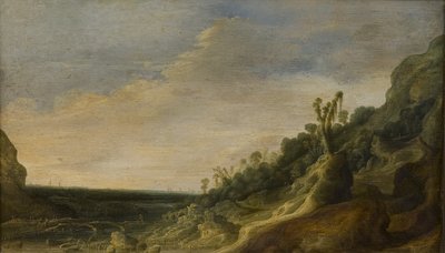 Fjelllandskap med utsikt over en elv og havet av Jacob van Geel
