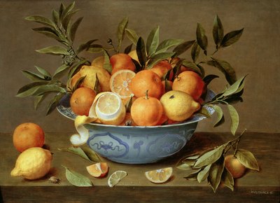 Stilleben med appelsiner og sitroner i en Wan-Li porselensfat av Jacob van Hulsdonck