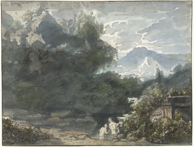 Bader ved et antikt monument i et fjellandskap av Jacob van Liender