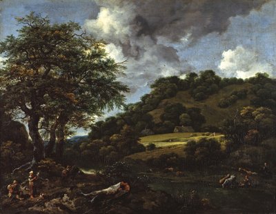 Et kupert landskap med høye eiketrær av Jacob van Ruisdael
