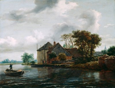 Gård og høyrikken ved en elv av Jacob van Ruisdael