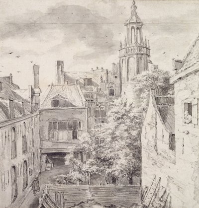 Utsikt over gårdsplassen til House of the Archers of the St. Sebastian Guild på Singel i Amsterdam (blyant og vask på papir) av Jacob van Ruisdael