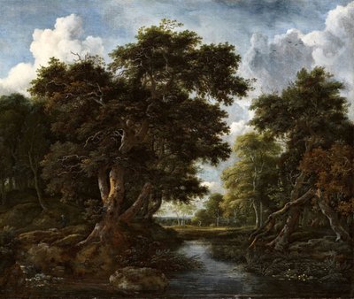 Skogkledd landskap med jegere og en elv av Jacob van Ruisdael