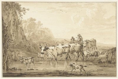 Hyrde og gjeterinne med okser og sauer ved et basseng av Jacob van Strij