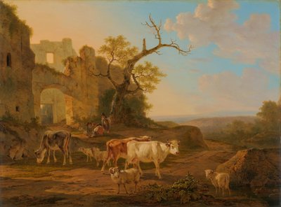 Landskap med kyr nær en ruin av Jacob van Strij