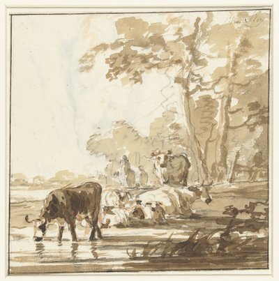 Storfe hviler på en skogkant nær en dam av Jacob van Strij