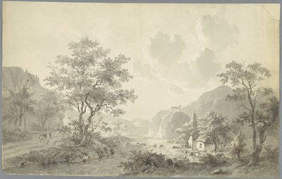 Foss ved en innsjø i et fjellandskap av Jacob van Strij