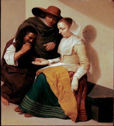 Spåkonen Maleri av Jacob Van Velsen (etter 1625-c. 1656) 1631 Søn. 26x23 cm Paris, musee du Louvre - Spåkonen, av Jacob Van Velsen (etter 1625-c.1656). Olje på kobber, 26 x 23 cm av Jacob van Velsen