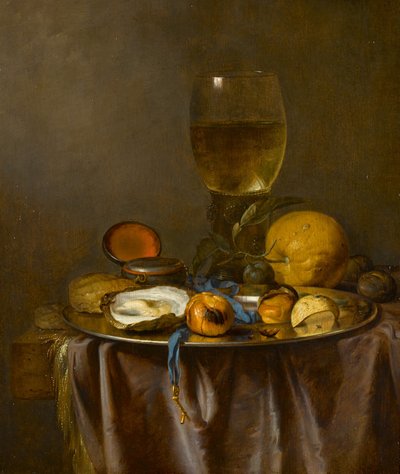 Stilleben med en rømmer, ur, østers og frukt av Jacob van Walscapelle