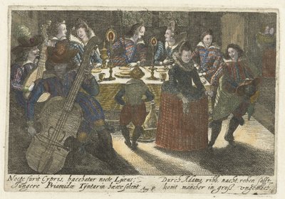 Dinerende studenter en muzikanten Bokser av ikonografiske vitser hos studenter (...) (serietittel) av Jacob van der Heyden