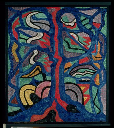 Tre, komposisjon i rødt, svart, blått og gult (mosaikk) av Jacoba Berendina van Heemskerck van Beest
