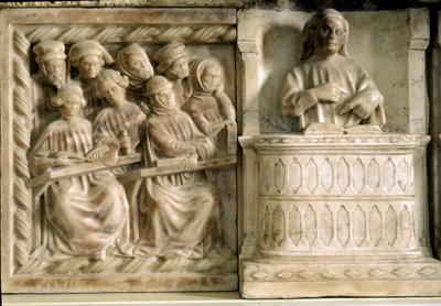 Begravelsesmonument til Carlo, Roberto og Riccardo da Saliceto: studenter som deltar på et kurs (skulptur, ca. 1403) av Jacobello and Pier Paolo dalle Masegne