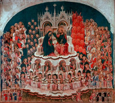 Kroningen av Jomfruen i paradis-maleri på tre av Jacobello del Fiore (1370-1439). Galleriet i Accademia Venezia fra 1400-tallet av Jacobello del Fiore