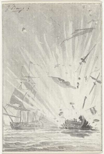 Eksplosjon av det nederlandske kaperskipet De Dappere Patriot i kamp med det engelske skipet Kameleon, 14. august 1781 av Jacobus Buys