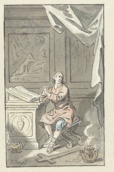 Sittende mann med foldede hender, bak en bibel av Jacobus Buys