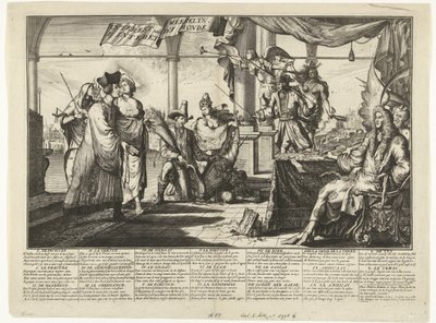 Tegneserie av advokatstanden som tjener på menneskets krangel, 1687 Interest des