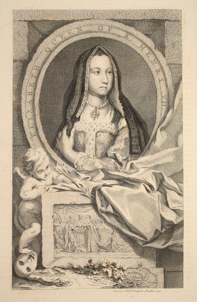 Portrett av Elizabeth, dronning av Henry VII, illustrasjon fra "Heads of Illustrious Persons of Great Britain", pub. av Knapton, London 1742 av Jacobus Houbraken