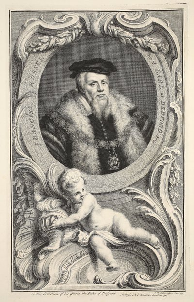 Portrett av Francis Russell, illustrasjon fra "Heads of Illustrious Persons of Great Britain", pub. av Knapton, London 1742 av Jacobus Houbraken
