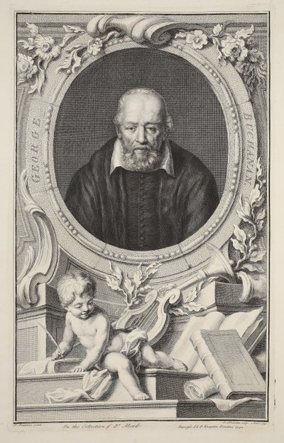 Portrett av George Buchanan, etter Frans Pourbus, illustrasjon fra 'Heads of Illustrious Persons of Great Britain', pub. av Knapton, London 1742 av Jacobus Houbraken