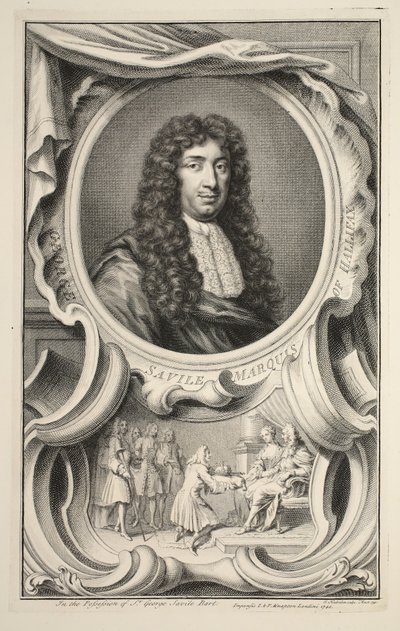 Portrett av Savile, Marquis of Halifax, illustrasjon fra 'Heads of Illustrious Persons of Great Britain', pub. av Knapton, London 1742 av Jacobus Houbraken