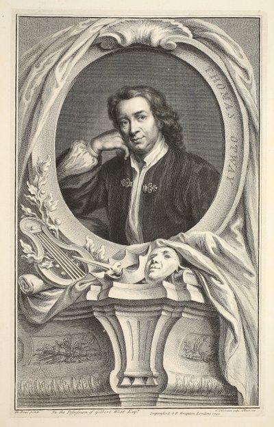 Portrett av Thomas Otway, illustrasjon fra 'Heads of Illustrious Persons of Great Britain', pub. av Knapton, London 1742 av Jacobus Houbraken