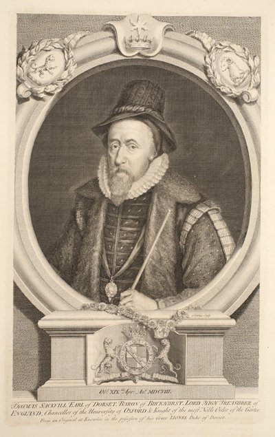 Portrett av Thomas Sackville, jarl av Dorset, baron av Buckhurst, illustrasjon fra 'Heads of Illustrious Persons of Great Britain', pub. av Knapton, London 1742 av Jacobus Houbraken
