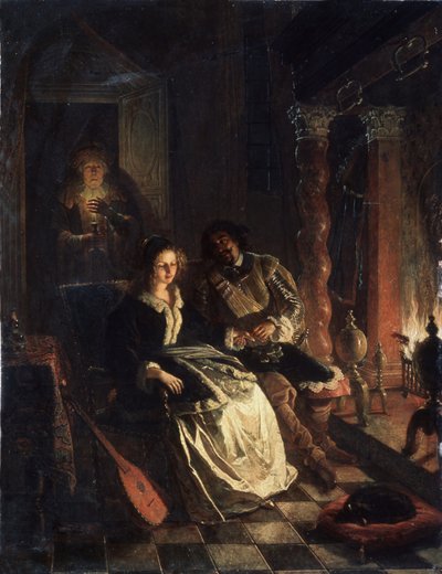 ""Le Rendez vous"" (Rendezvous) Scene for forførelse, en ung jente kurtisert av en gentleman som erklærer sin kjærlighet til henne ved peisen. Maleri av Jacob Joseph Eckhout (1793-1861) 1852 Statens kunstmuseum i den hviterussiske republikken, Minsk, Hvite av Jacobus Josephus Eeckhout