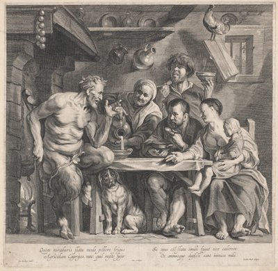 En satyr på besøk hos en bondefamilie av Jacobus Neeffs, after Jacob Jordaens