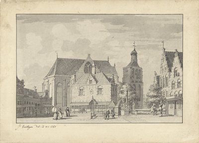 Kirken, veiehuset og fisketorget i Workum av Jacobus Versteegen