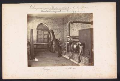 Damppumpestasjon med sentrifugalpumper / Kralingen den 14. mai 1869 (tittel på objekt) Gjenvinning av innsjøene i Schieland øst for Rotterdam (serietittel på objekt) av Jacobus van Gorkom jr.