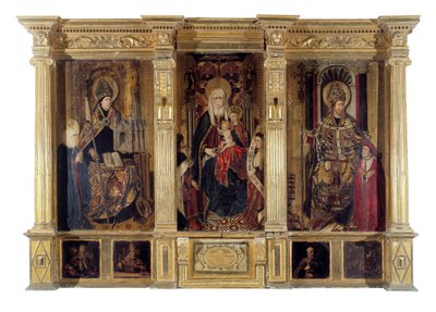 Altertavlen til Saint Ildefonso (død 667, biskop av Tolede) og St. Augustine av Hippo (ca. 354-430, berberfilosof og forfatter). Maleri av Jaume Baco dit Jacomart (1410-1461). Olje på tre, ca 1450, renessansekunst. Cathedrale Sainte Marie la Seu av Jacomart (c.1413 61) Baco