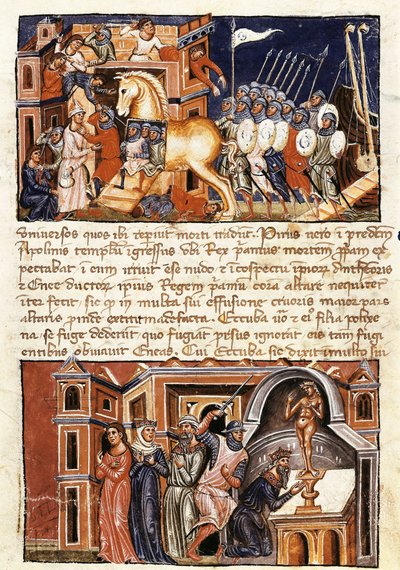 The Siege and Assault of the City of Troy, miniatyr fra "Historia Destructionis Troiae" av Guido delle Colone (ca. 1210-c. 1287) av Jacome Cromberger