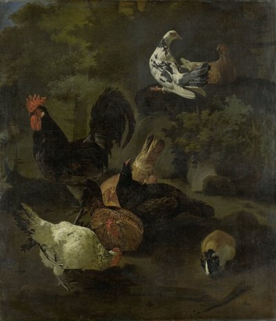 En hane, høner, duer og en murmeldyr av Jacomo Victors