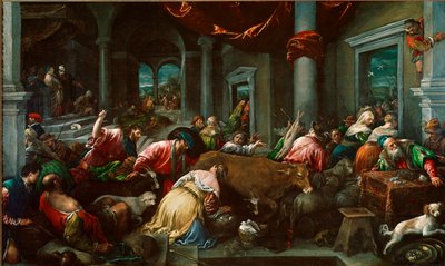 Rensingen av tempelet eller "" Kristus jager kjøpmenn fra tempelet"" Maleri av Jacopo Da Ponte dit Jacopo Bassano (1517 ca. 1592) Søn. 160x265 cm London, Nasjonalgalleriet av Jacopo Bassano
