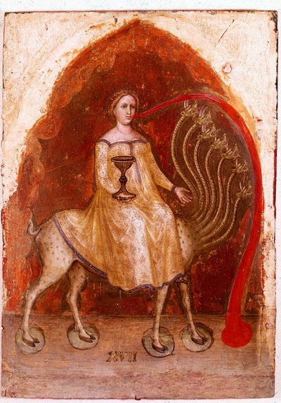 Venstre panel av Polyptych of Revelation: beten har syv hoder og kvinnen som sitter på den, rik prostituert. Detrempe på tre av Jacobello Alberegno (1367-1397 ca.) 1360-1390. Gallerie dell