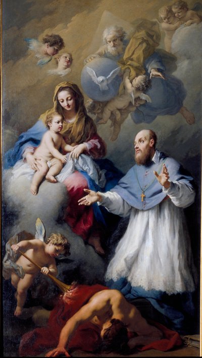 Jomfru og barn med Saint Francois-de-Sales (1567-1622), eveque av Genève Representasjon av Den hellige treenighet med Jesus Kristus, Gud og Den Hellige Ånds due. Maleri av Jacopo Amigoni (1675-1752) 1743 Venezia, kirken Santa Maria della Fava av Jacopo Amigoni